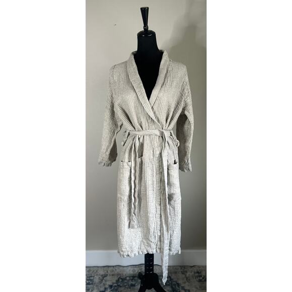 TOUCH By ROUGH LINEN Oatmeal Mid Calf Waffle Knit Linen Robe Size S - Picture 1 of 7